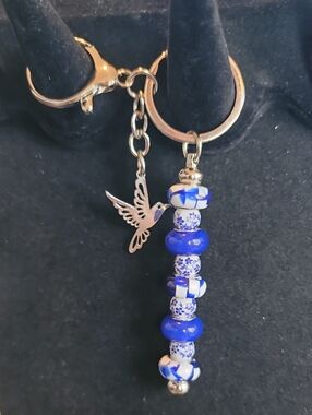 Blue & White Beaded Drop Keychain with Hummingbird Charm